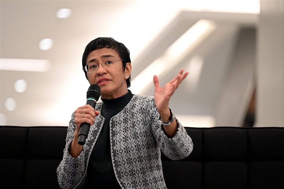 Nobel Laureate Maria Ressa talks during the launch of her book titled How to Stand Up to a Dictator: The Fight of our Future at a mall in Pasig