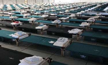 Beds are seen in the dormitory during a tour of the Randall's Island Humanitarian Emergency Response and Relief Center on October 18