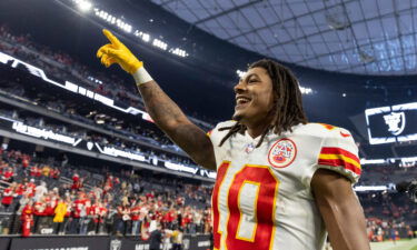 Kansas City Chiefs running back Isiah Pacheco celebrates the win.