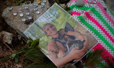 A photograph of Manuel Terán is seen Saturday at a memorial site at the entrance to the park near Atlanta.