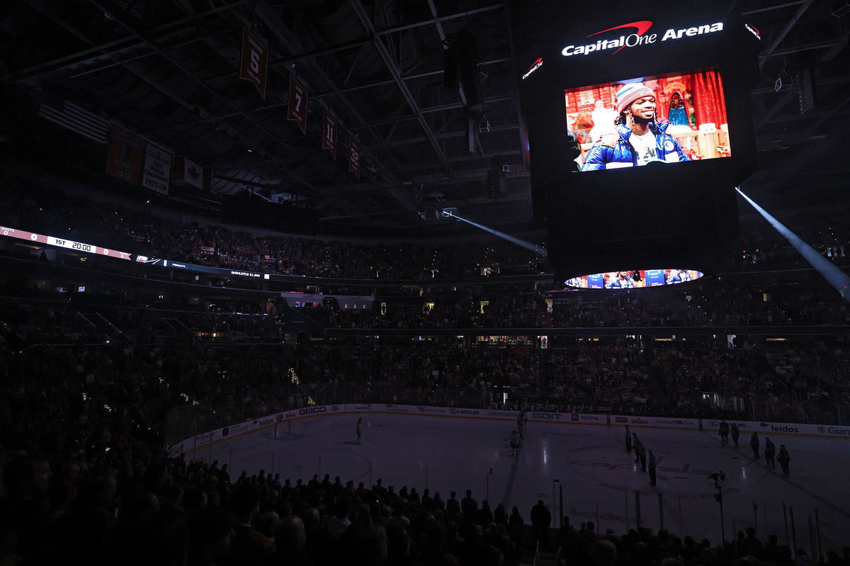 <i>Patrick Smith/Getty Images</i><br/>Hamlin's face is projected on the scoreboard before the Buffalo Sabres play against the Washington Capitals.