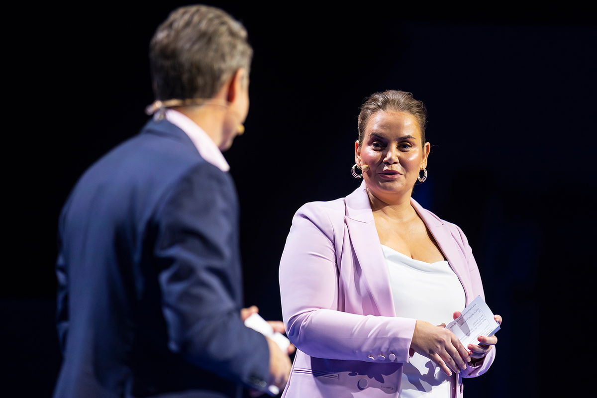 <i>Daniel Pockett/Getty Images</i><br/>Todd Woodbridge and Jelena Dokic speak during the 2023 Australian Open launch at Melbourne Park on October 12