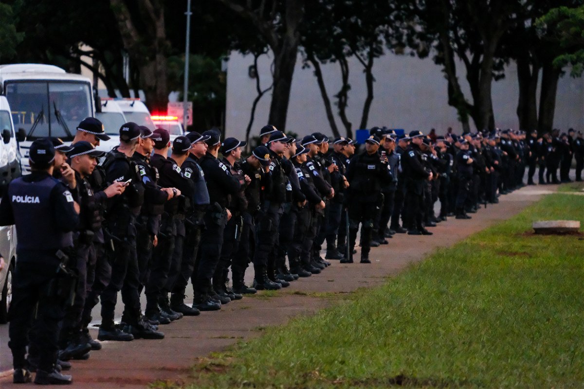 Police line up in Brasilia on January 11.