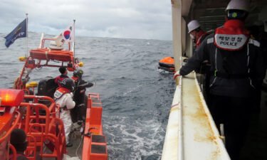 Eight people who were aboard a cargo ship that capsized off the coast of Japan have died and nine remain missing. Members of South Korea's coast guard are pictured searching for missing crew in waters between South Korea and Japan on January 25.