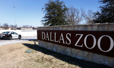 A Dallas police vehicle sits at an entrance to the Dallas Zoo on Friday morning.