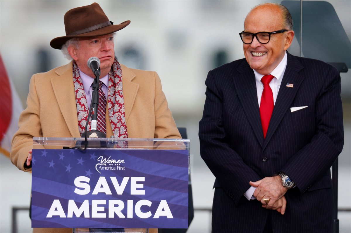 John Eastman (left) stands next to Rudy Giuliani as Trump supporters gather at the U.S. Capitol ahead of the former president's speech to contest the certification by Congress of the results of the 2020 election on January 6