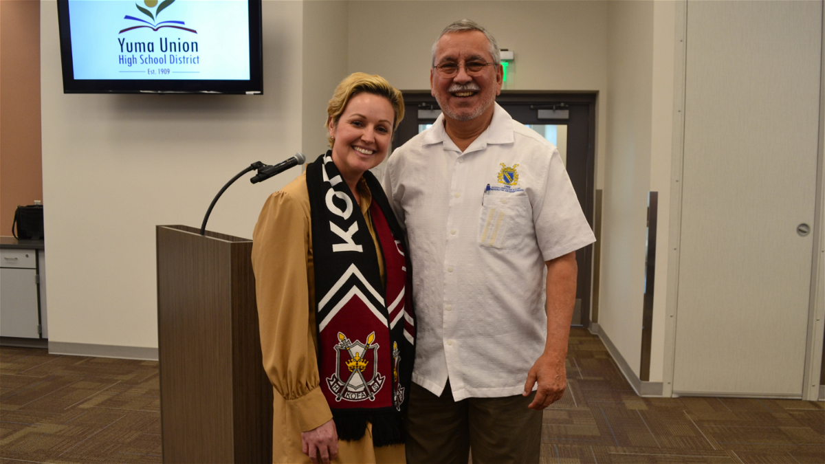 Kofa High School Principal Lilian Campa poses with AZALAS Execuitve Director Panfilo Contreras after receiving her award for Administrator of the Year. Campa was recognized at the Feb. 8, 2023 Yuma Union High School District Governing Board meeting. 