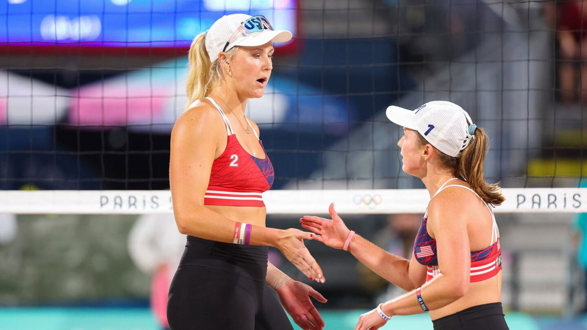 Taryn Kloth and Kristen Nuss compete in women's beach volleyball in Paris.