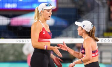 Taryn Kloth and Kristen Nuss compete in women's beach volleyball in Paris.