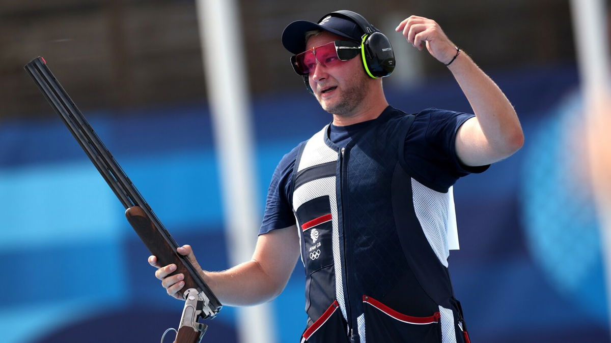 Great Britian's Nathan Hales competes in men's trap final