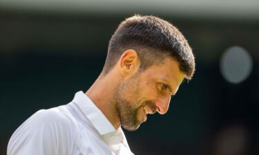 Novak Djokovic of Serbia during the men’s singles match against Carlos Alcaraz of Spain on day 14 at All England Lawn Tennis and Croquet Club.