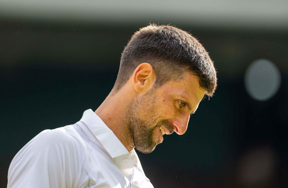 Novak Djokovic of Serbia during the men’s singles match against Carlos Alcaraz of Spain on day 14 at All England Lawn Tennis and Croquet Club.