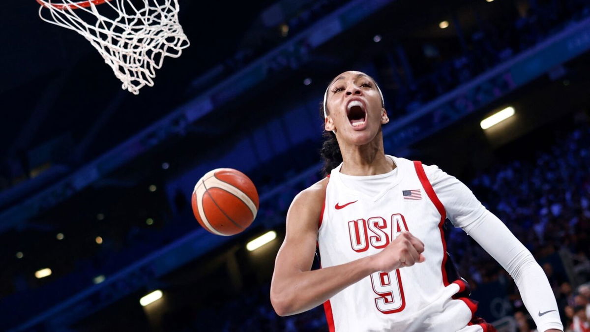 A'ja Wilson reacts after scoring vs. Japan