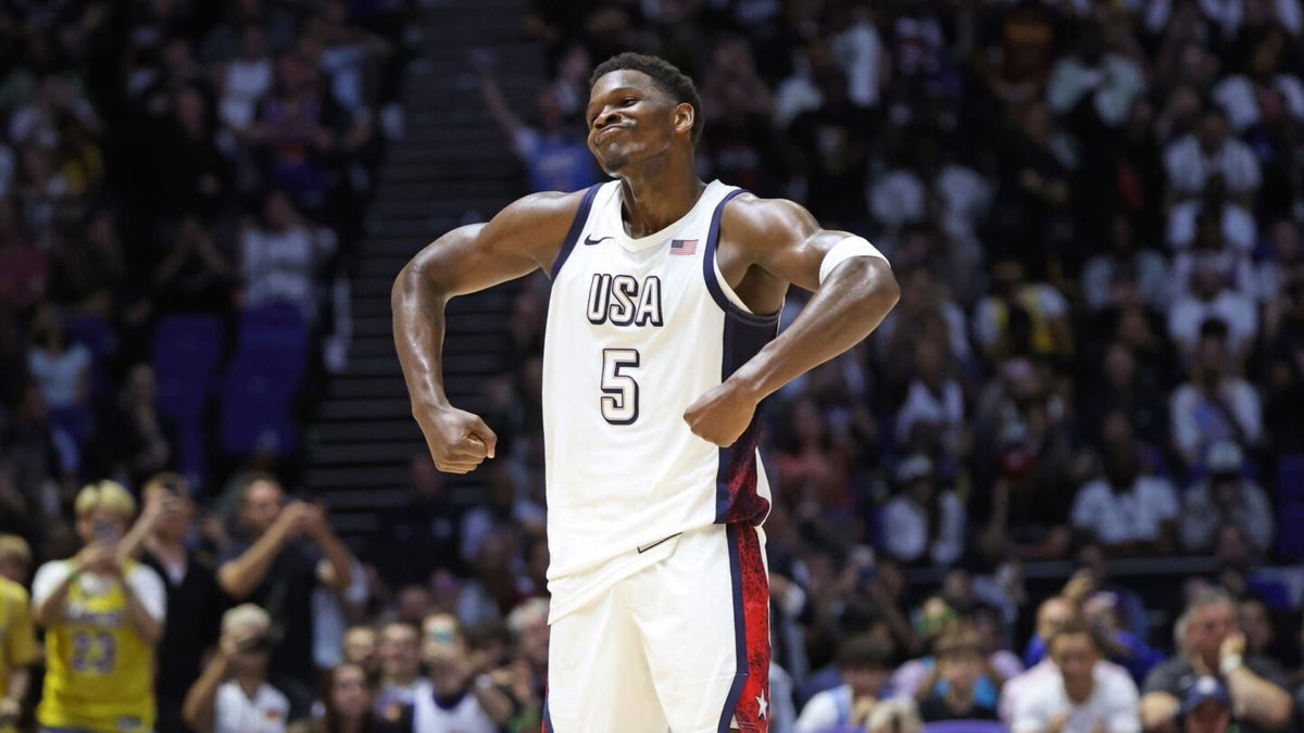 Anthony Edwards reacts after scoring against Germany