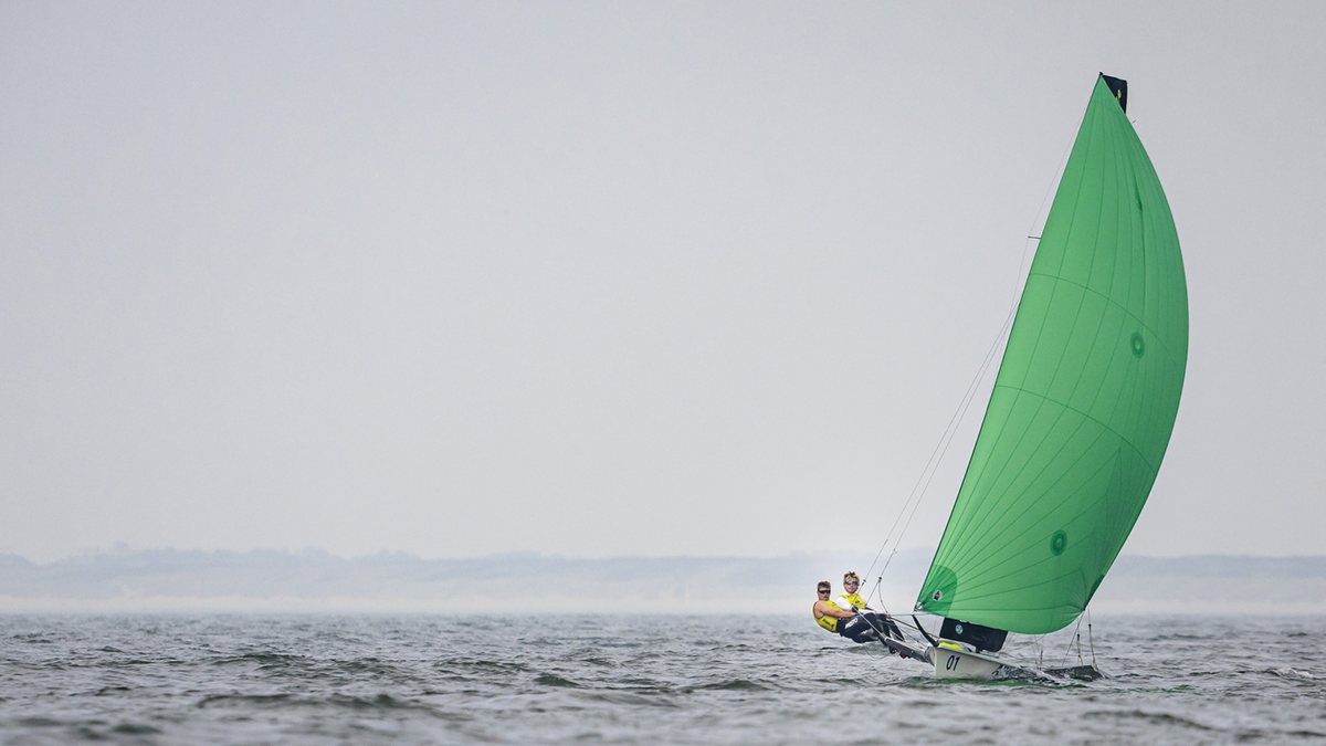 Bart Lambriex and Floris van de Werken of the Netherlands in action on the 49er section during the eighth day of the sailing world championships.