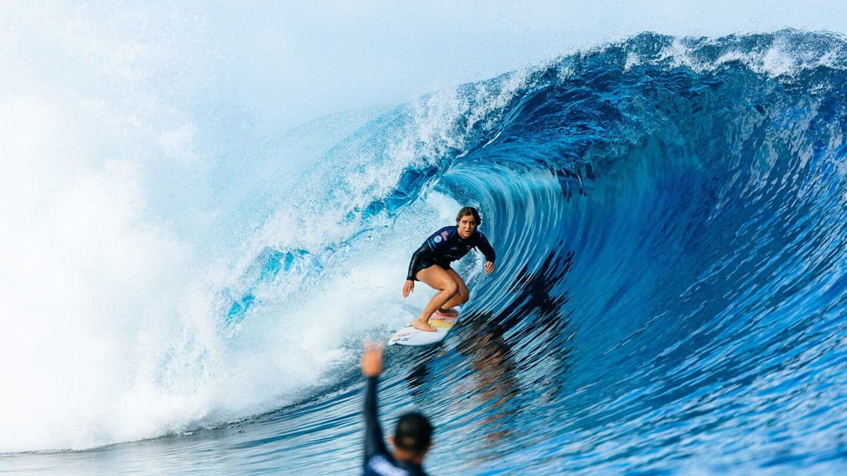 Caroline Marks surfs a barrel wave at Teahupo'o