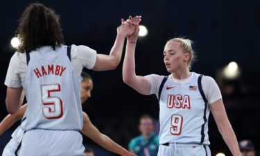 Dearica Hamby and Hailey Van Lith high-five during women's 3x3 game