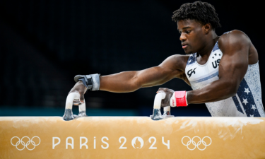 Frederick Richard gets ready to mount the pommel horse at the Paris 2024 Olympics Games.