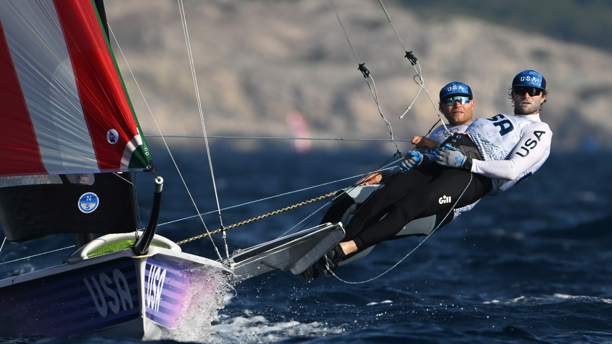 Ian Barrows and Hans Henken of the United States compete in the men's Skiff 49er class at the 2024 Olympic Games.