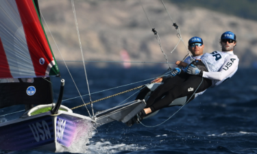 Ian Barrows and Hans Henken of the United States compete in the men's Skiff 49er class at the 2024 Olympic Games.