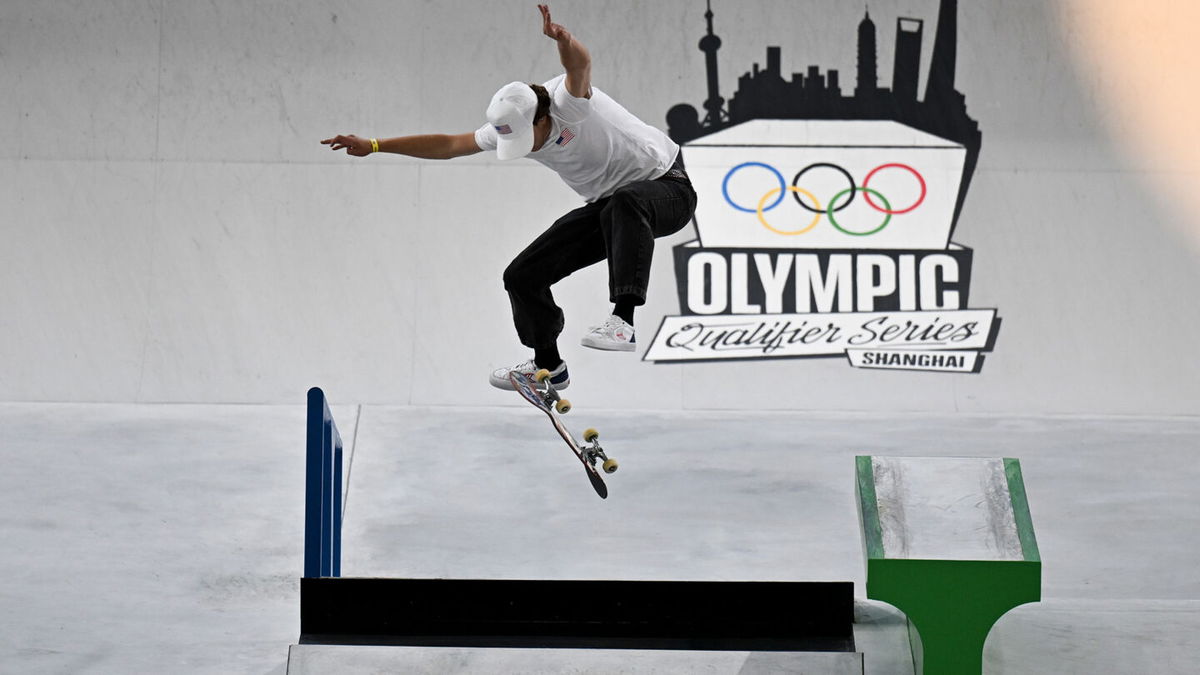 Jagger Eaton does a kickflip over a gap