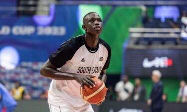 South Sudan's Khaman Maluach warms up before FIBA World Cup game