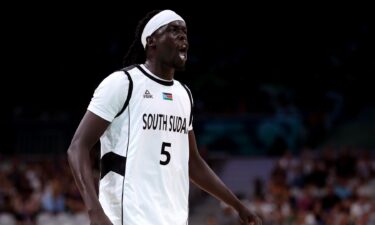 Nuni Omot celebrates during South Sudan's win over Puerto Rico