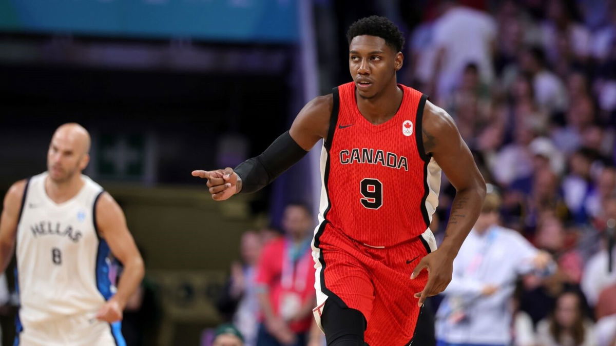 RJ Barrett reacts after scoring against Greece