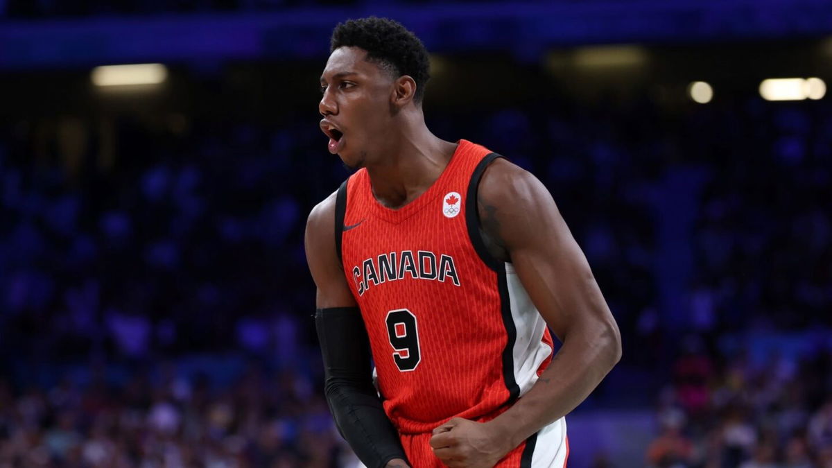 RJ Barrett reacts after scoring against Greece