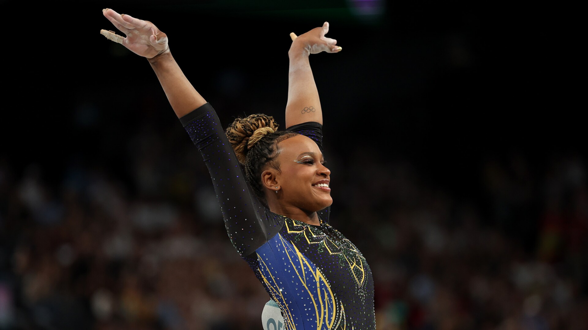 Rebeca Andrade of Brazil celebrates after her vault during women's qualifications at the 2024 Paris Olympic Games.