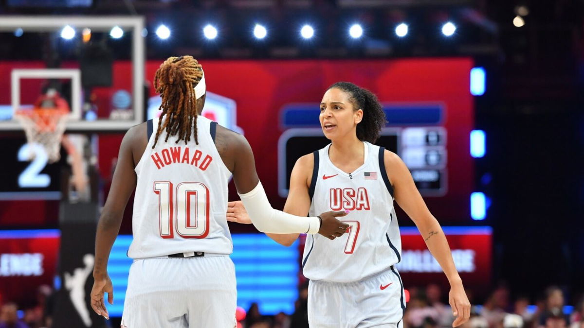 Rhyne Howard and Cierra Burdick react during 3x3 play