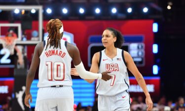 Rhyne Howard and Cierra Burdick react during 3x3 play