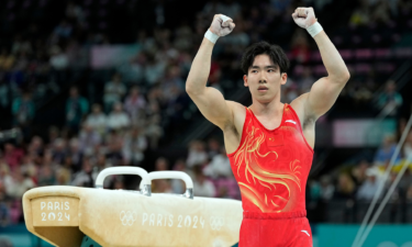 Zhang Boheng of China reacts after his pommel horse routine during the men’s team final during the Paris 2024 Olympics.