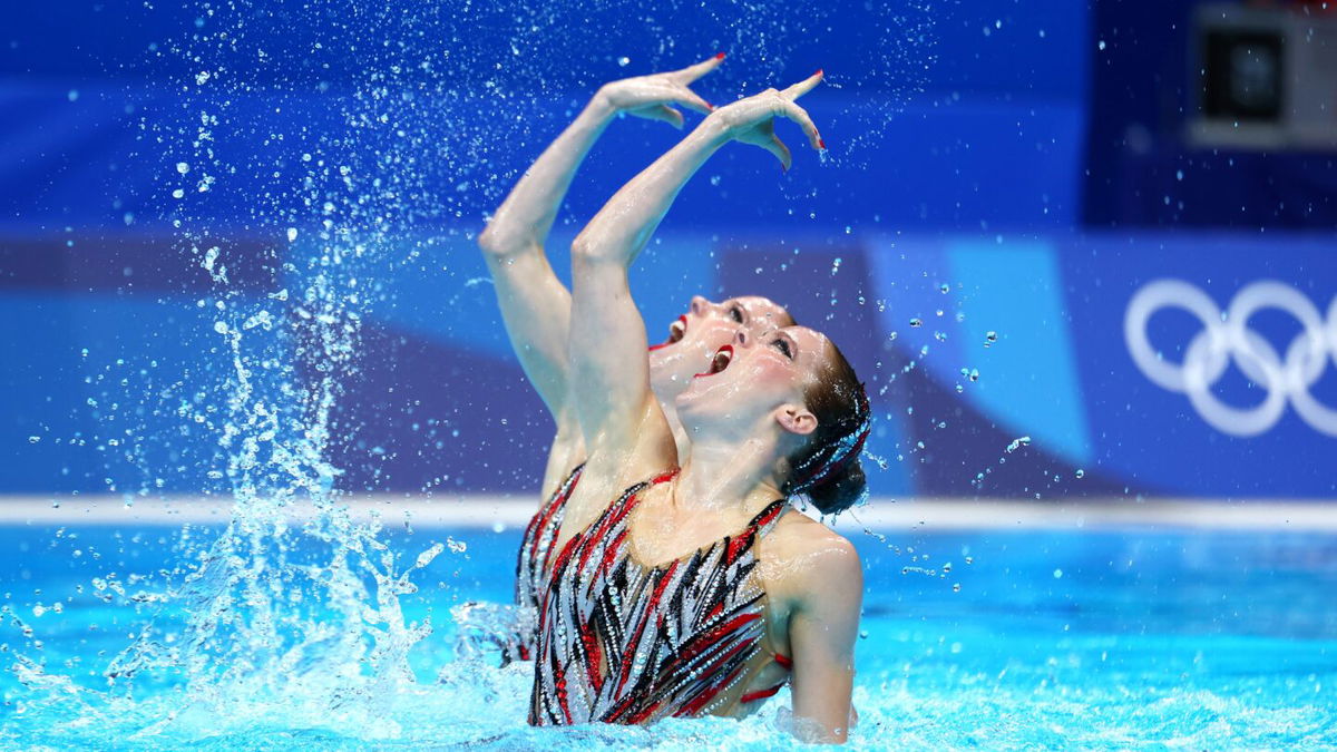 The Netherlands competes in the Artistic Swimming duet technical routine at the 2020 Tokyo Games.