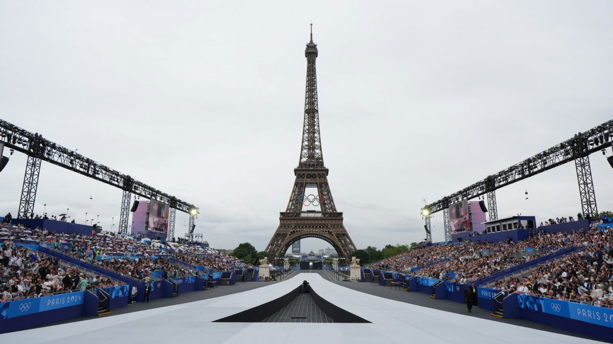 The Eiffel Tower overlooks the 2024 Opening Ceremony on the River Seine in Paris.