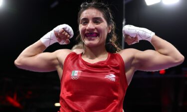 Fatima Herrera of Team Mexico celebrates after beating Laura Fuertes Fernandez of Team Spain on Day Two of the 2024 Paris Olympics.