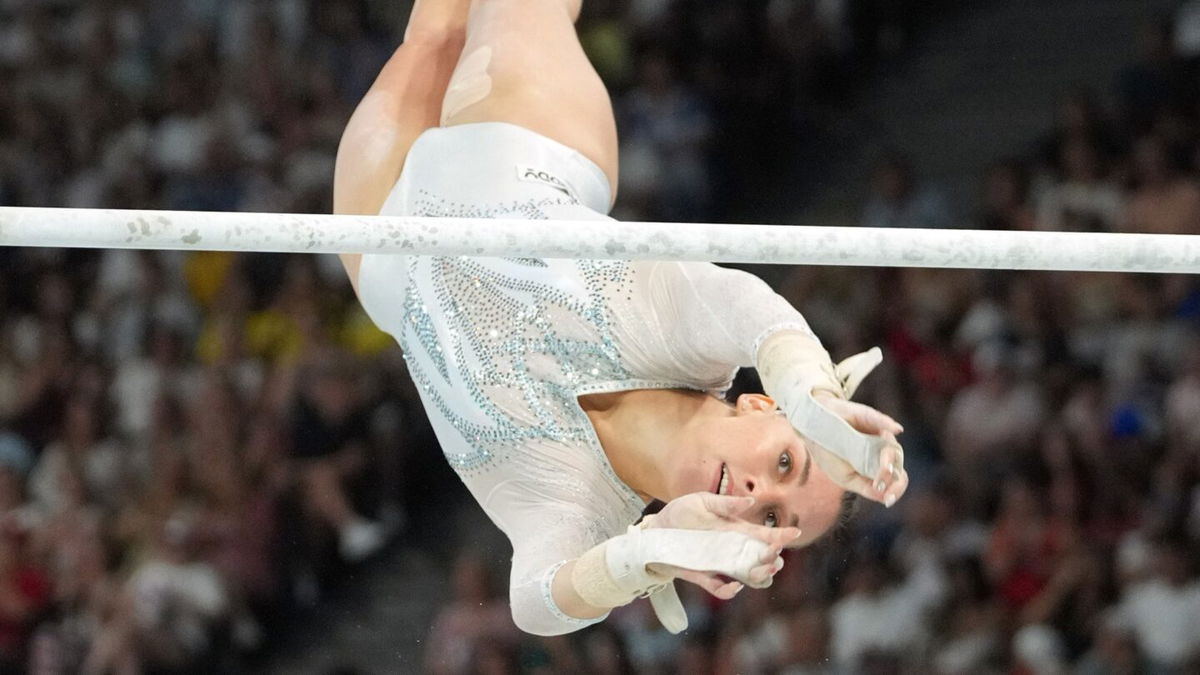 Giorgia Villa of Italy competes on the uneven bars during the women’s team final at the 2024 Paris Olympics.