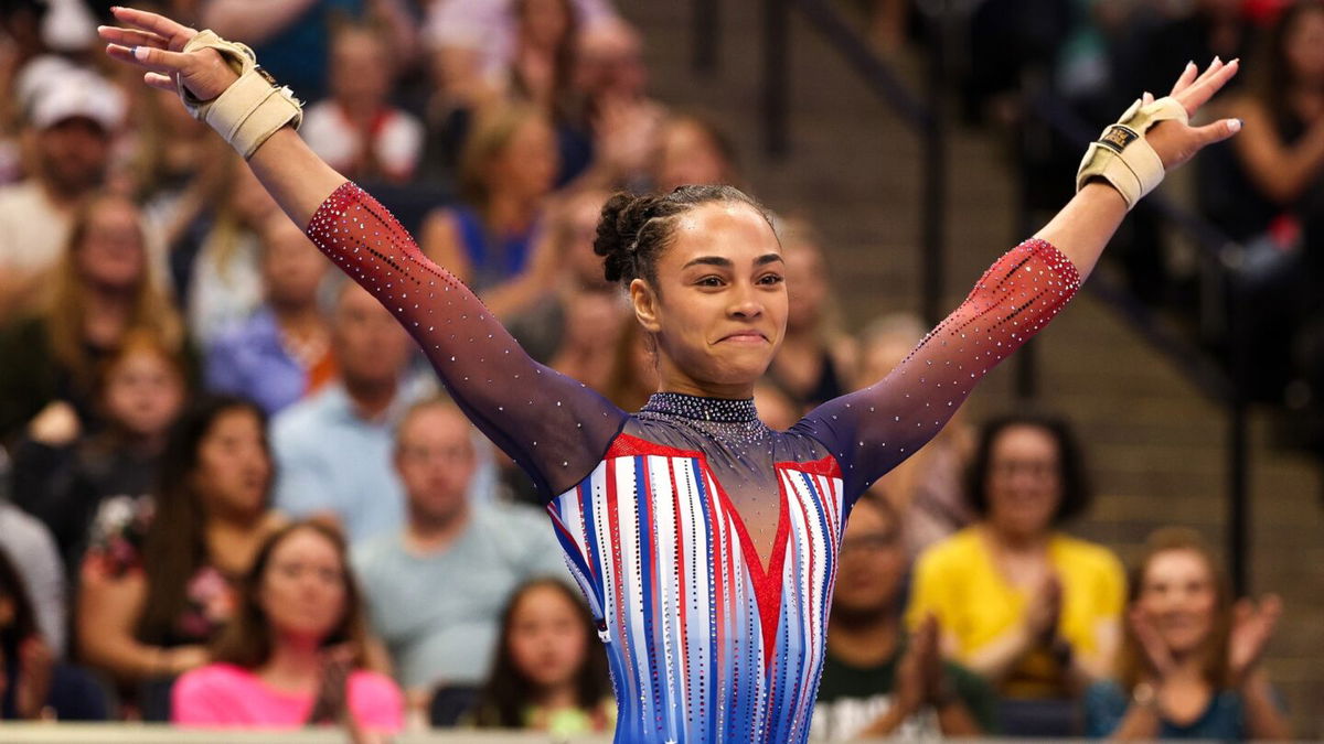 Hezly Rivera competes at the 2024 U.S. Olympic Team Gymnastics Trials.