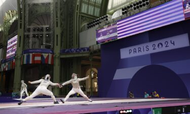 Elizabeth Tartakovsky (USA) competes against Nada Hafez (EGY) in a women's sabre table of 32 bout during the 2024 Paris Olympics.