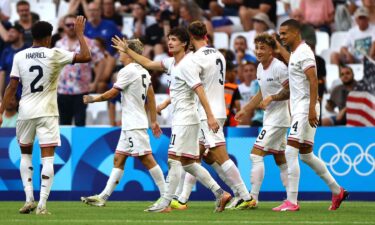 U.S. men's soccer players celebrate after scoring a goal