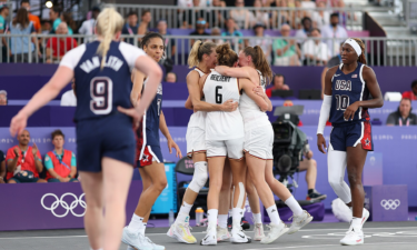 Germany athletes celebrate a victory on Day 4 of the Olympic Games at Esplanade Des Invalides on July 30