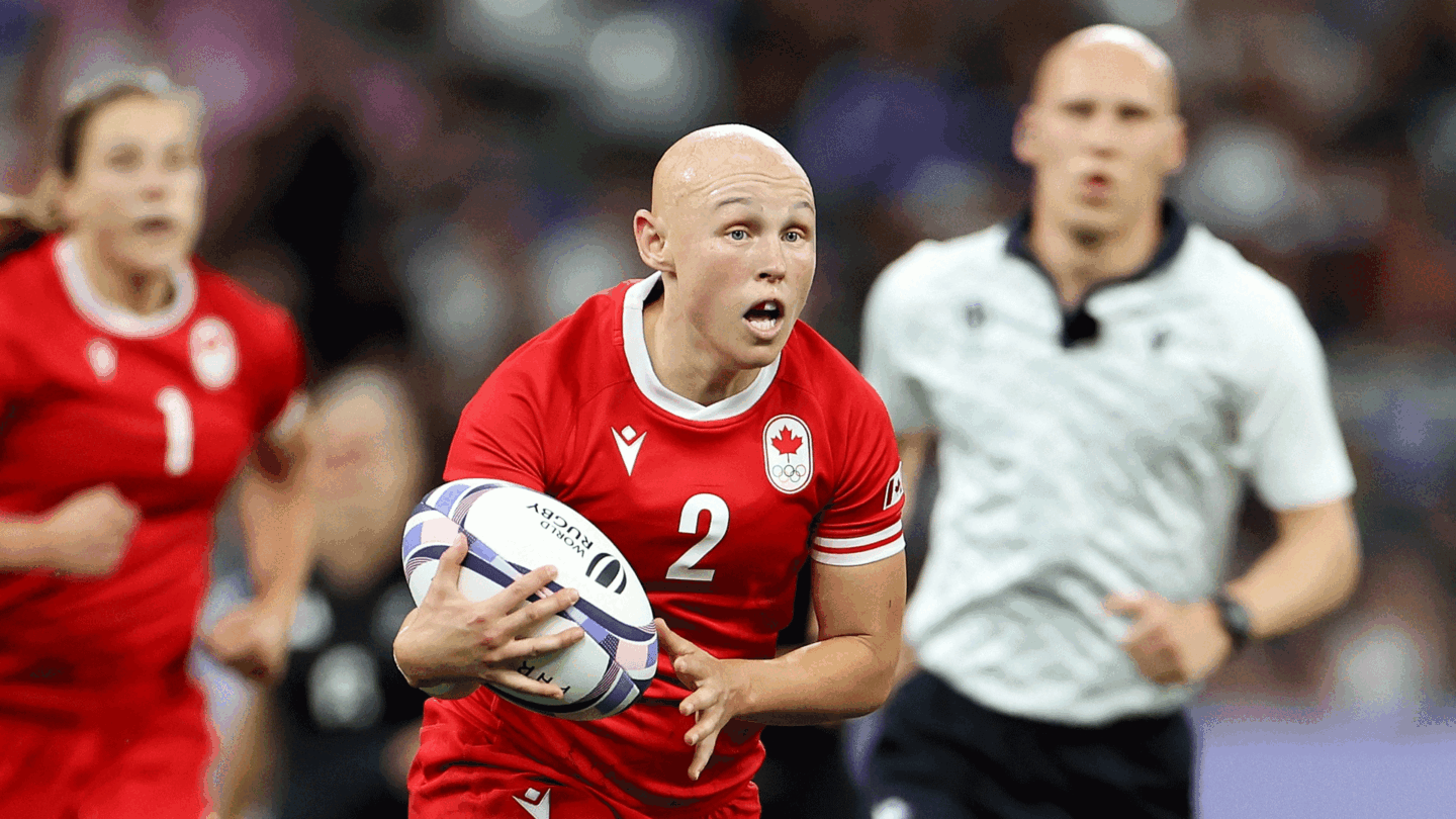 Canada rugby captain Olivia Apps runs into the open field with the ball during the 2024 Paris Olympics