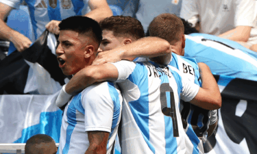 Thiago Almada and Julian Alvarez celebrates Argentina opening goal vs Iraq