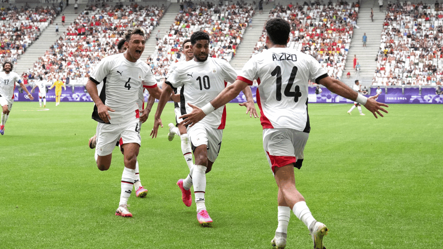 Egyptian players celebrate one of Ibrahim Adel's two goals versus Spain at the 2024 Paris Olympics