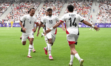 Egyptian players celebrate one of Ibrahim Adel's two goals versus Spain at the 2024 Paris Olympics