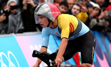 Remco Evenepoel of Belgium competes during the Men's Individual Time Trial on day one of the Paris Olympics at Pont Alexandre III on July 27