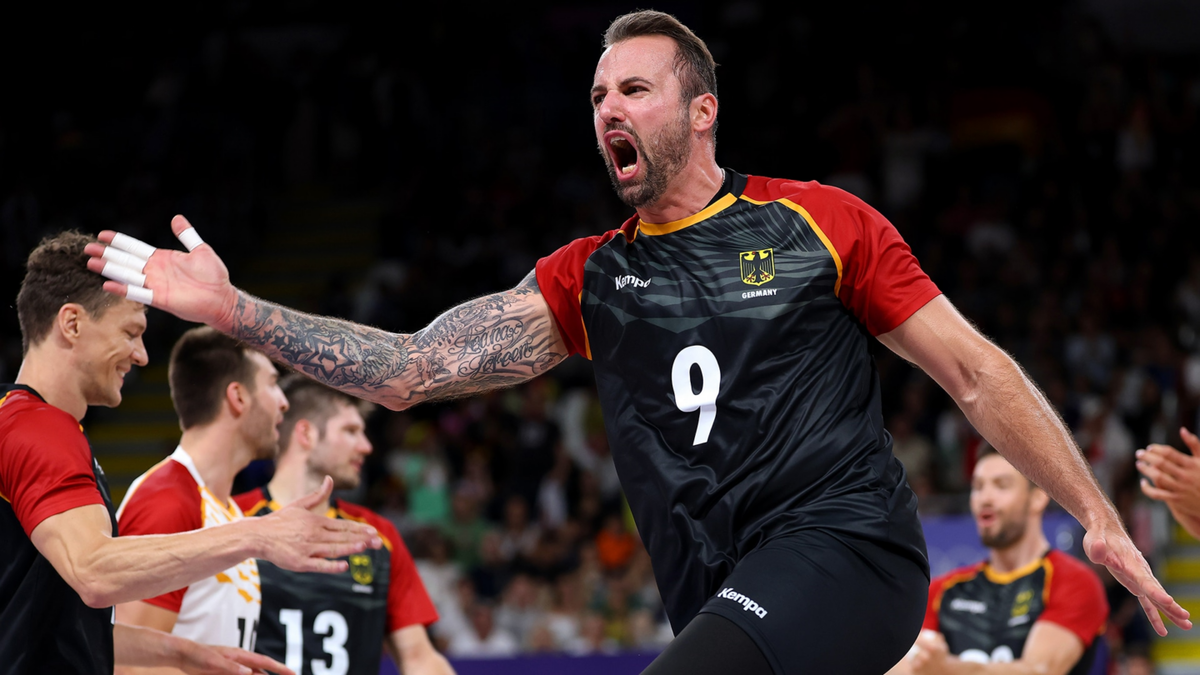 Gyorgy Grozer celebrates after scoring points during the Pool C match between Japan and Germany on Day 1 of the Paris Olympics at South Paris Arena.