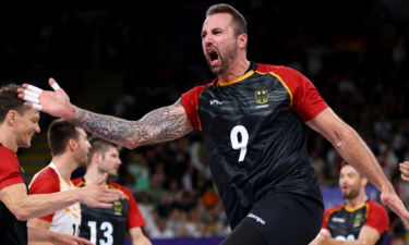 Gyorgy Grozer celebrates after scoring points during the Pool C match between Japan and Germany on Day 1 of the Paris Olympics at South Paris Arena.