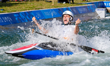 Nicolas Gestin of France reacts after winning the men's C-1 final at the Paris Olympic Games at Vaires-sur-Marne Nautical Stadium.