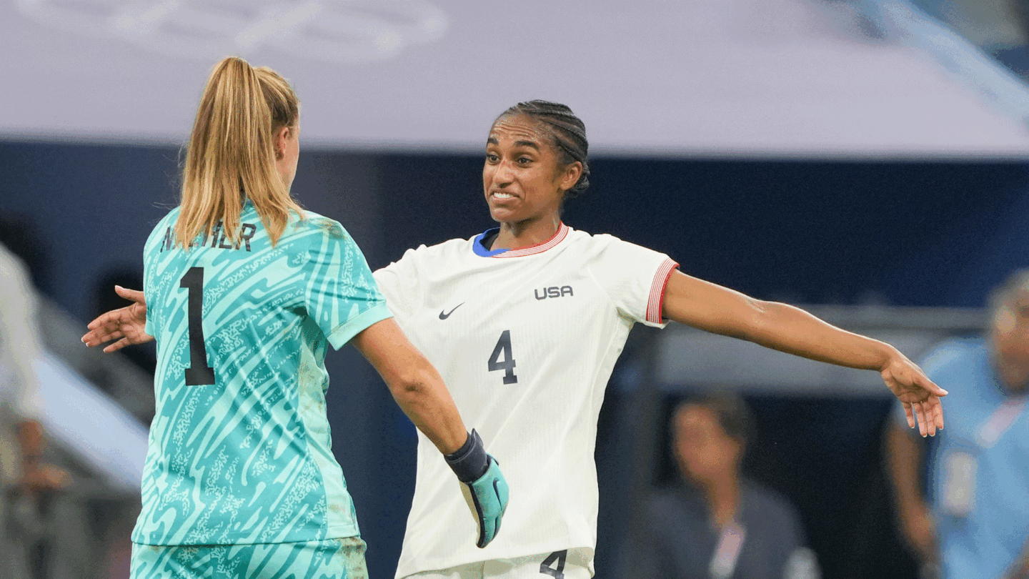 Naomi Girma and Alyssa Naeher celebrate another strong defensive performance at the 2024 Paris Olympics